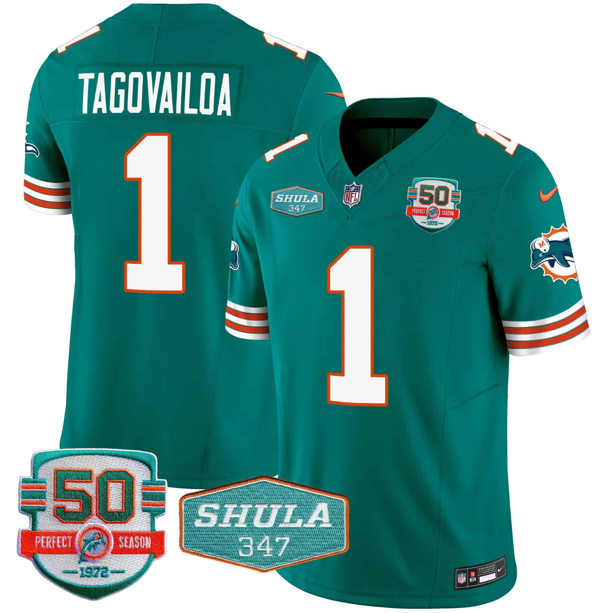 Men Miami Dolphins 1 Tagovailoa Green 2024 Nike Throwback Shula 347 Patch Vapor NFL Jersey style 1